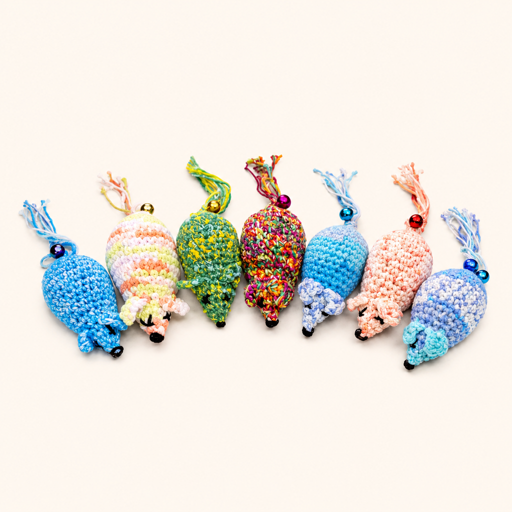 Catnip crochet mouse toys, assorted colors lined up; braided yarn tails and bead details