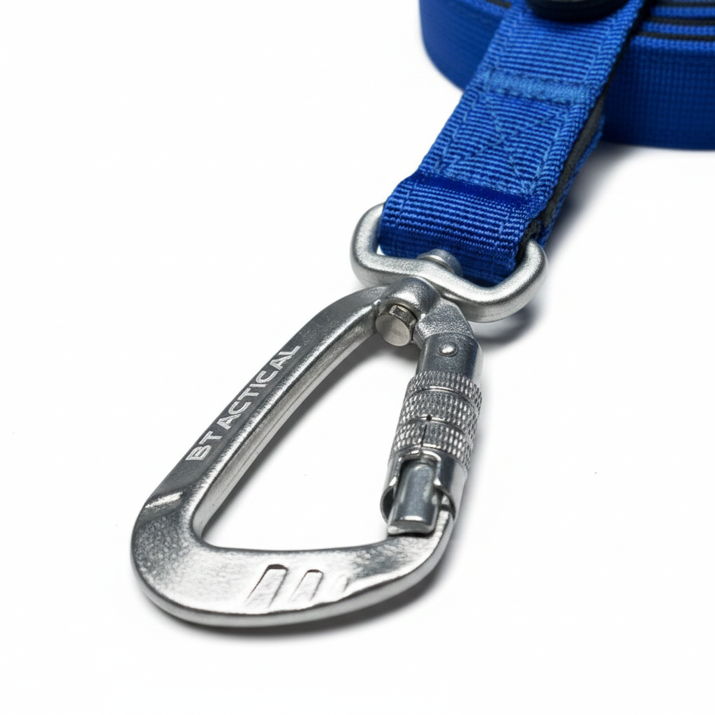 Metal carabiner with royal blue nylon strap and padded handle end