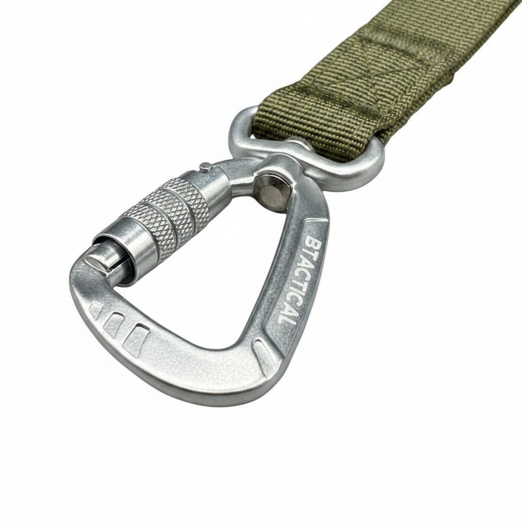 Khaki green nylon dog lead with metal carabiner and knurled handle
