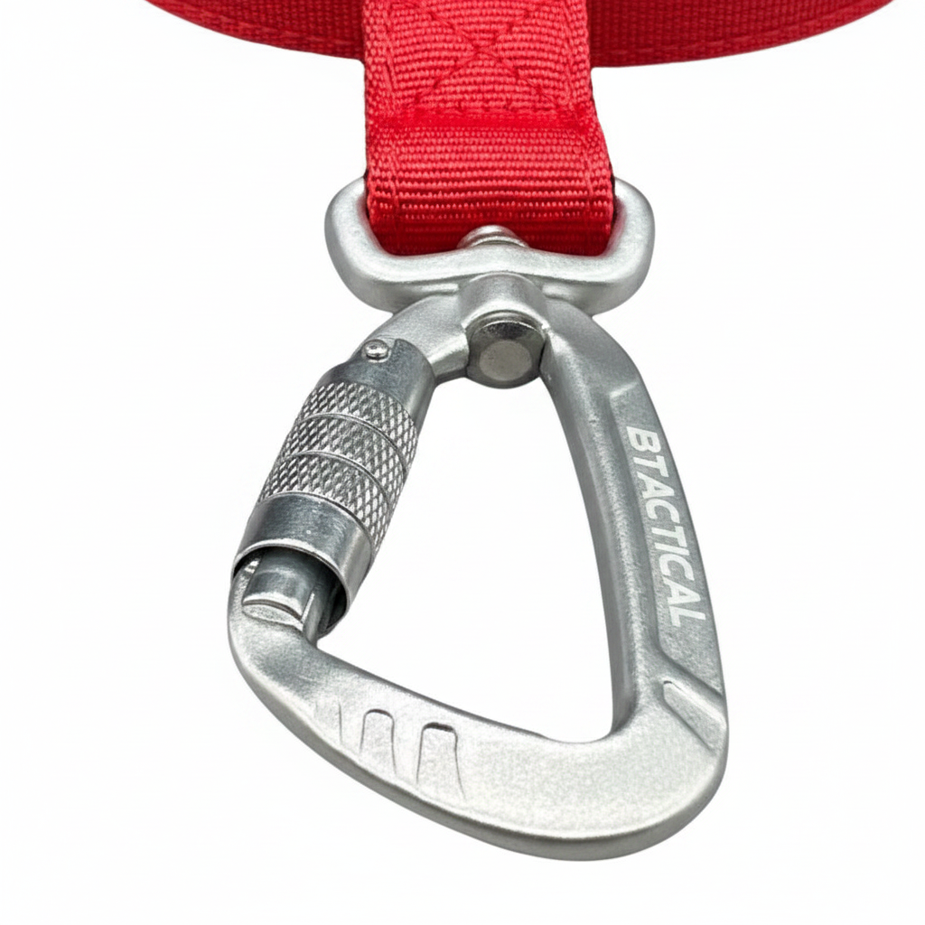 Metal BTactical carabiner clip with red nylon strap and textured grip