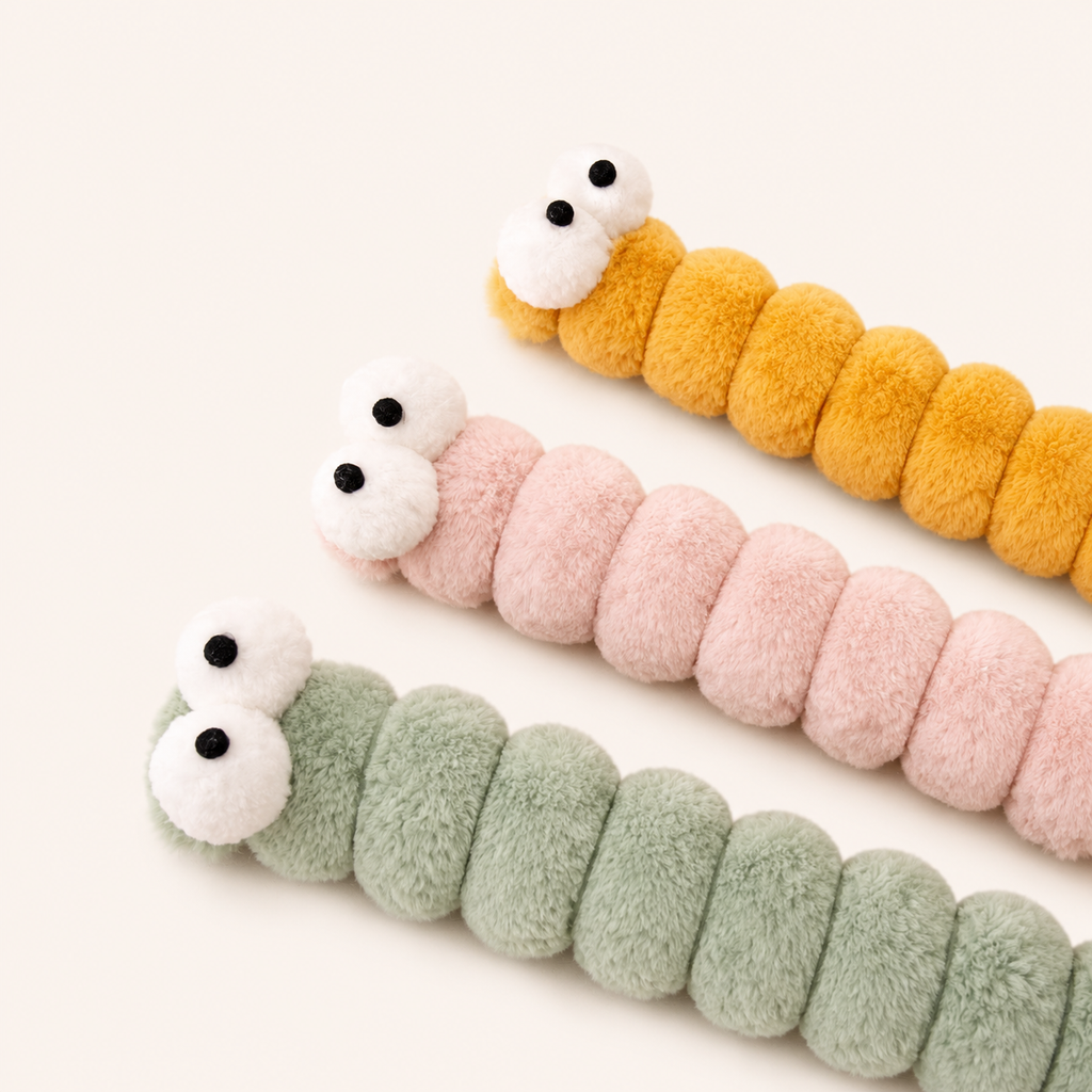 Large plush caterpillar catnip kicker toy, pink and green segmented bodies with white faces