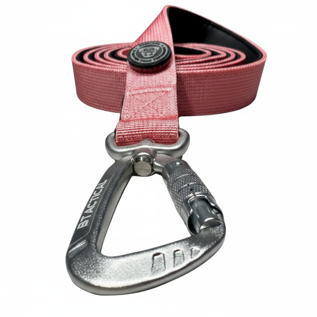 Pink nylon dog lead with silver carabiner clip and woven strap keep