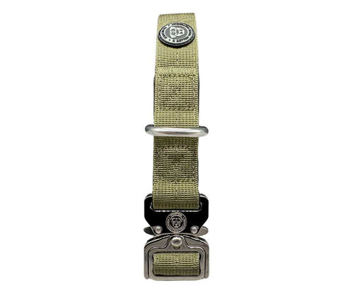 Khaki green adjustable dog collar with metal clasp and round logo patch