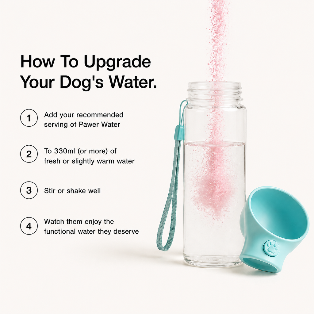 Glass water bottle with pink granules and teal dog scoop for preparing Pawer Water