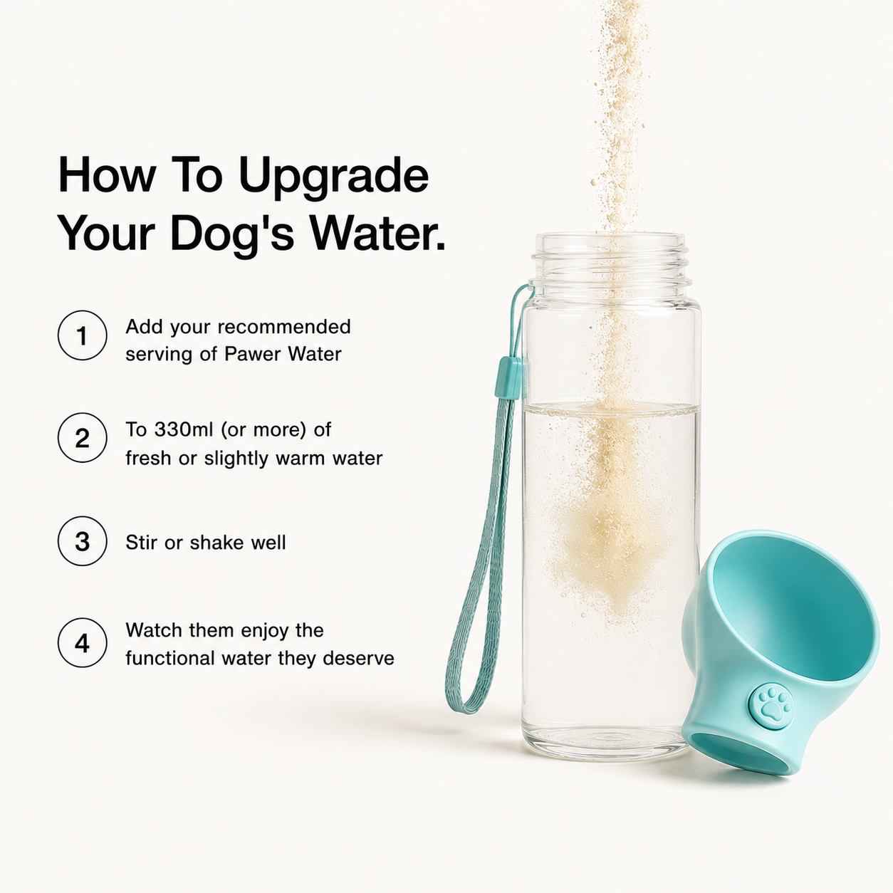 Dog water bottle with teal cup and strap, shown while filling with water.