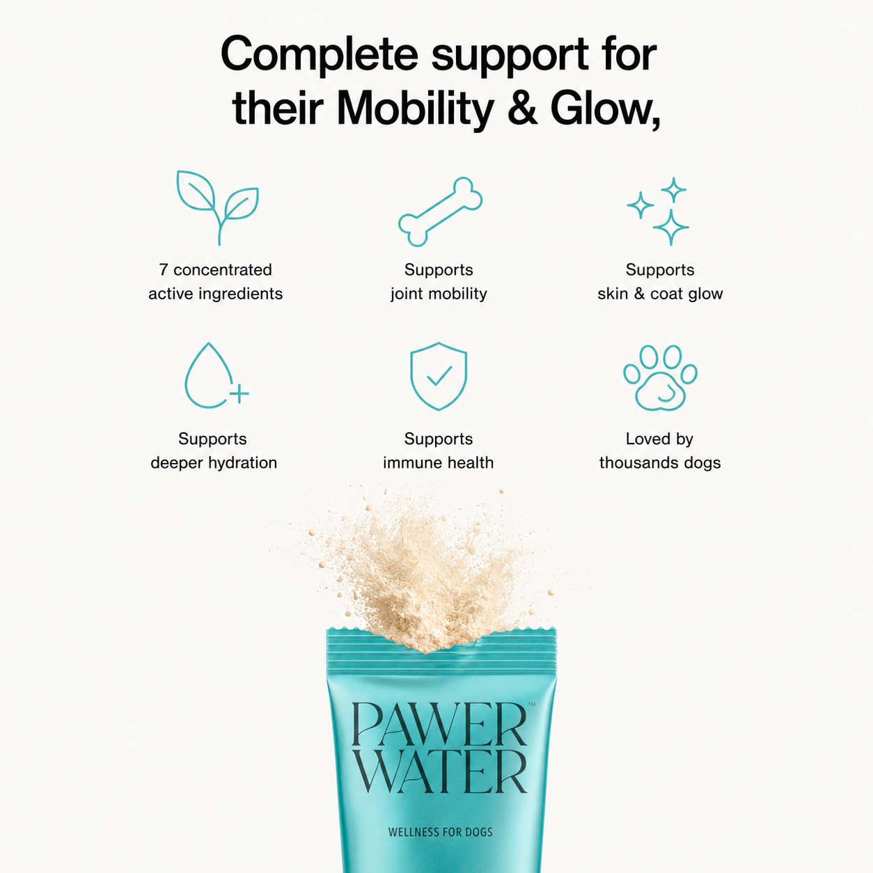 Dog joint support sticks pouch with ingredient icons for mobility and skin glow.