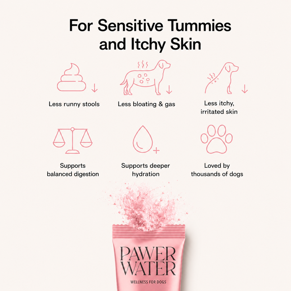 Pink Pawer Water dog supplement pouch with icons for digestion and skin comfort support