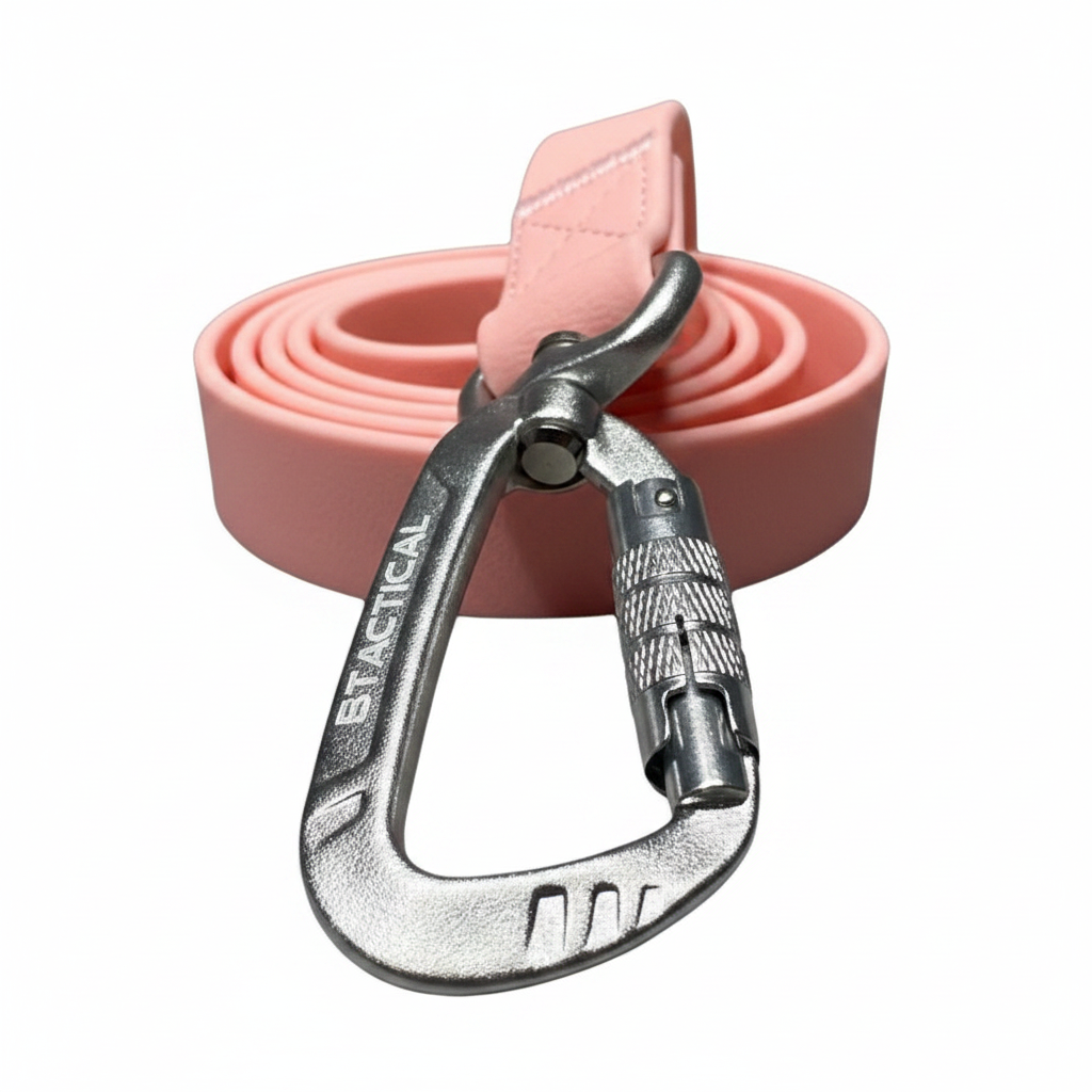 Pastel pink waterproof PVC dog lead with metal carabiner clip on coiled strap