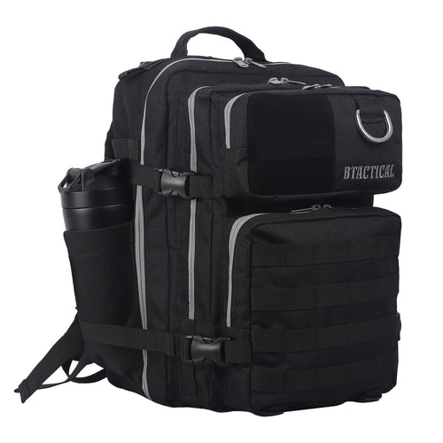 Black tactical backpack with gray trim, front panel pockets, and side bottle holder