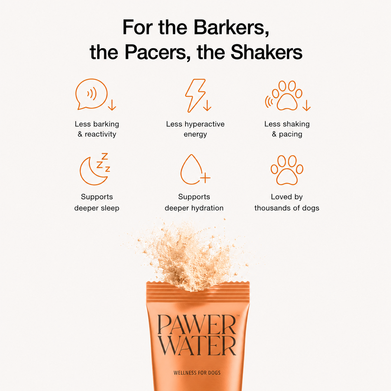 Pawer Water calming dog stick sachet with powder burst graphic