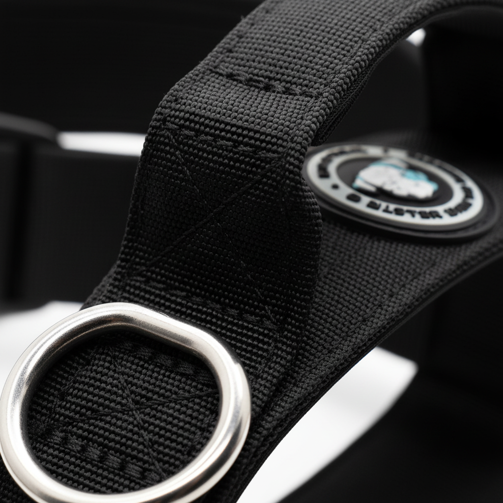 Black handle webbing with metal D-ring and circular logo patch