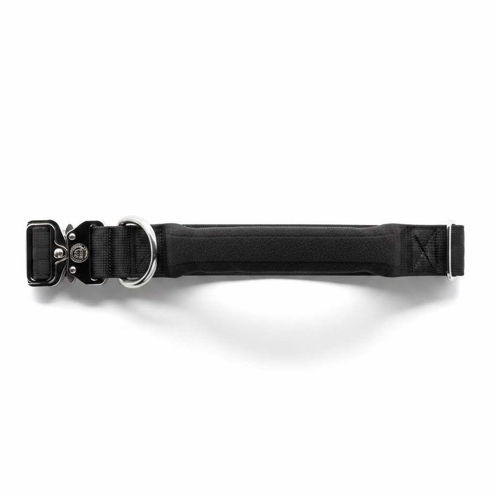 Black tactical dog collar with long fabric handle and metal buckle