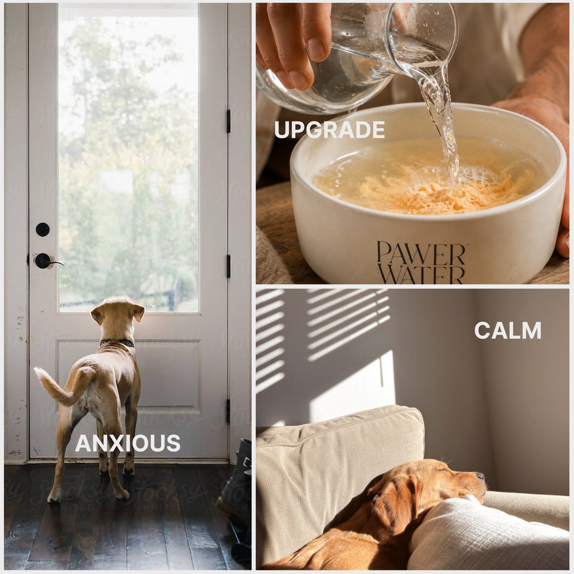 Pawer Water calming dog powder poured into bowl with dog resting