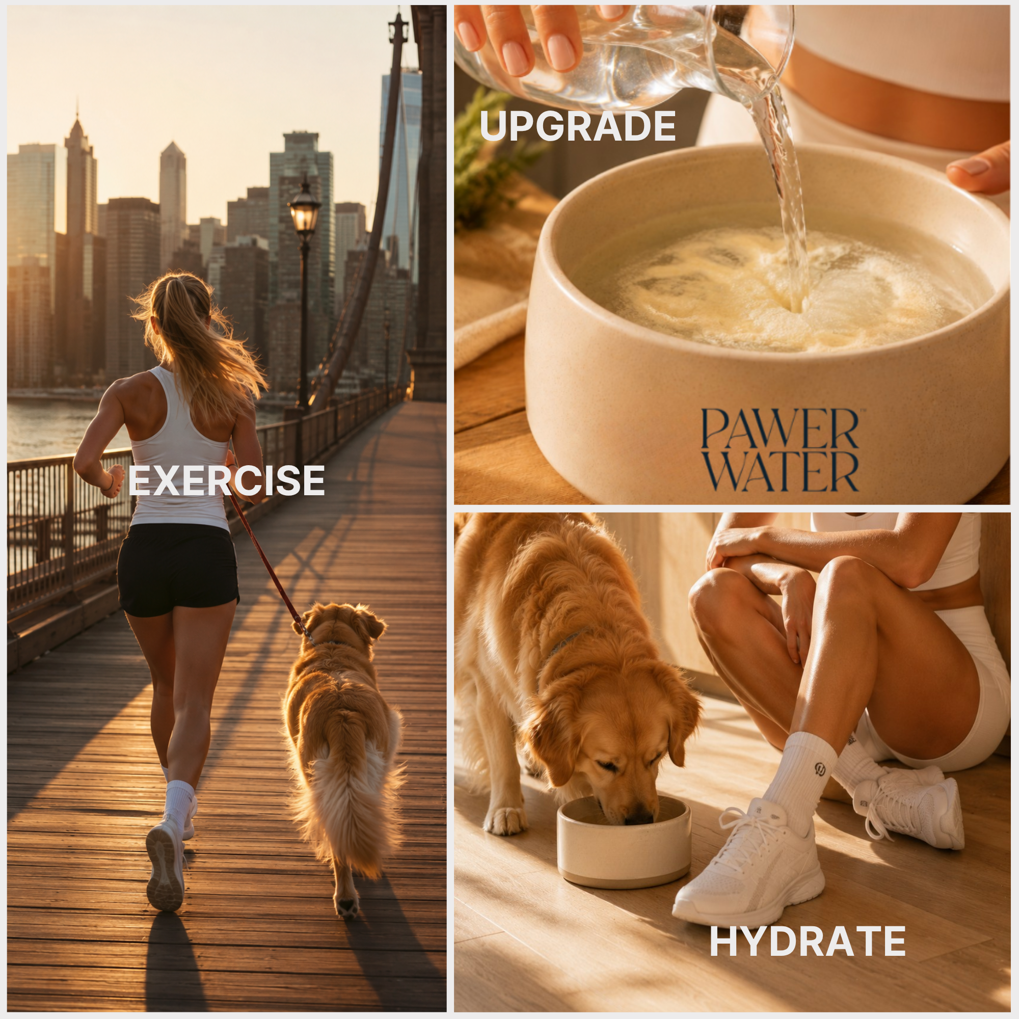 Dog hydration routine collage: dog on leash and dog drinking from bowl.