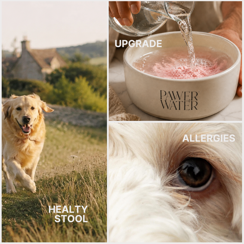 Golden retriever outdoors and close-up with dog water bowl containing pink granules