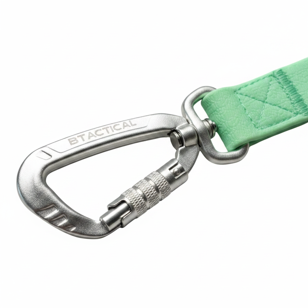 Pastel green dog lead with metal carabiner clip and embossed traction grip