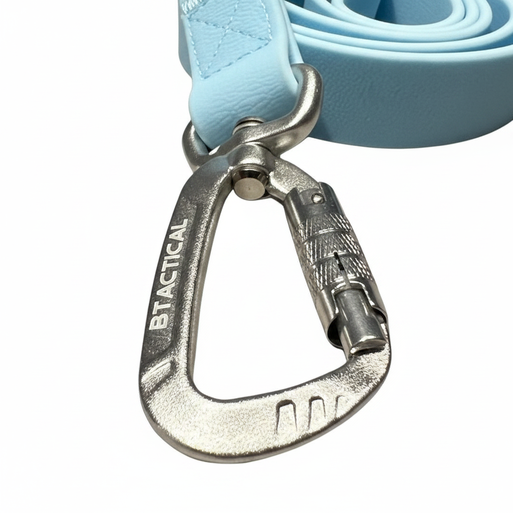 Pastel blue dog lead with metal carabiner clip and close-up stitched strap