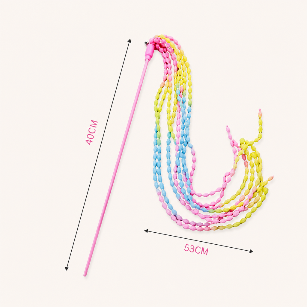 Cat stick toy with 40cm pink wand and 53cm rainbow ribbon loop