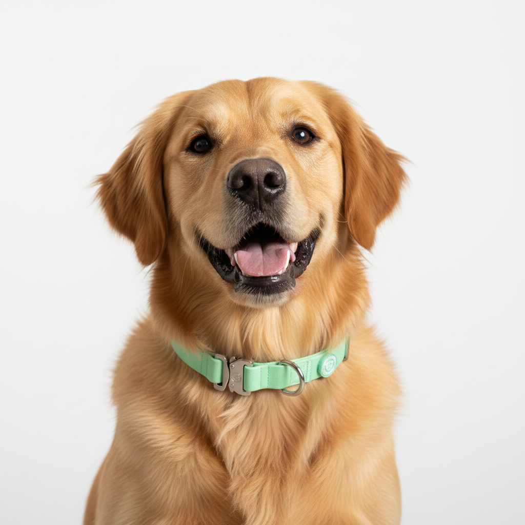 Golden retriever wearing pastel green PVC dog collar with metal buckle