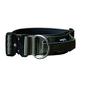 Tactical dog collar in olive fabric with metal D-ring and adjustable buckle