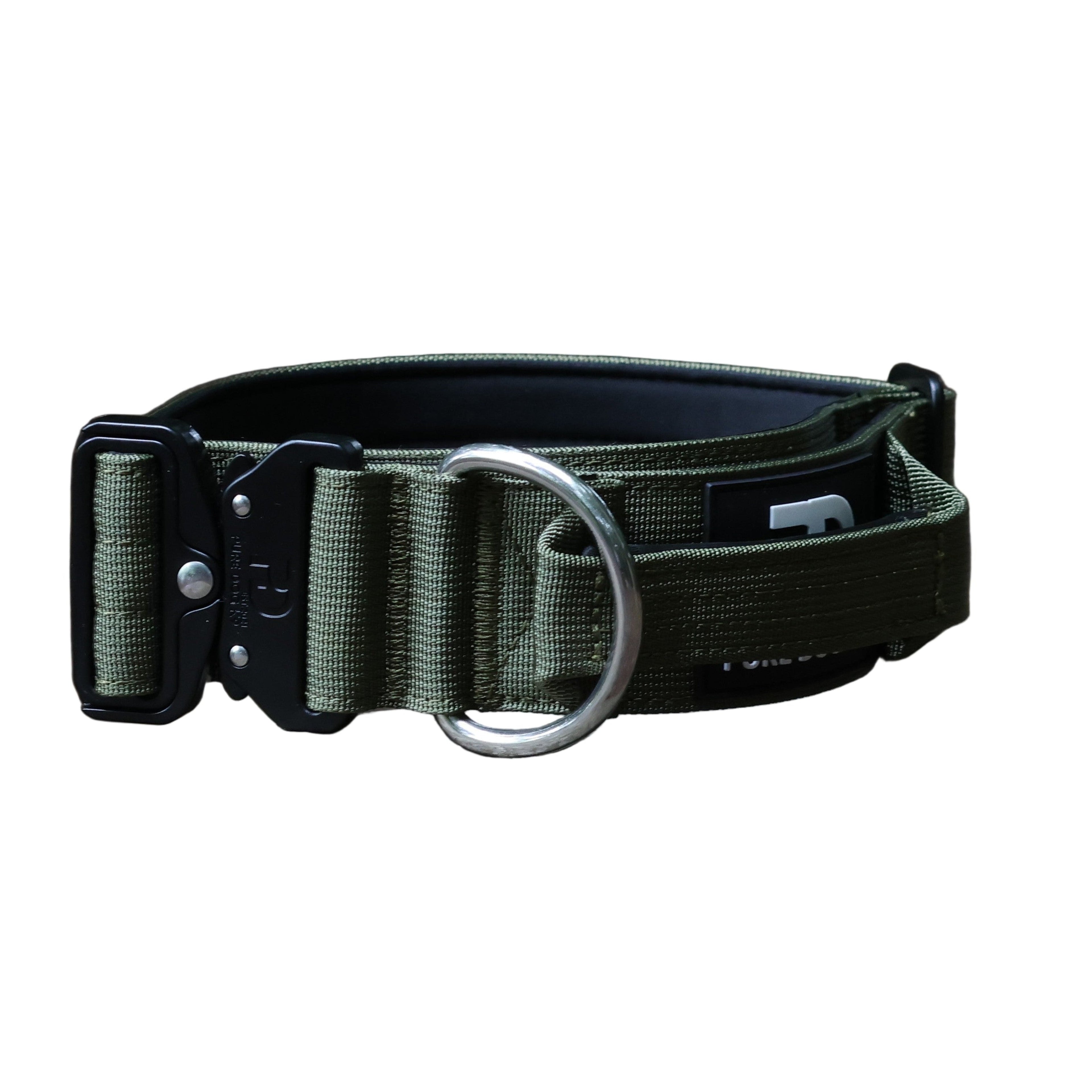 Tactical dog collar in olive fabric with metal D-ring and adjustable buckle