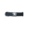 Dark navy dog collar with quick-release buckle and metal D-ring, stitched webbing