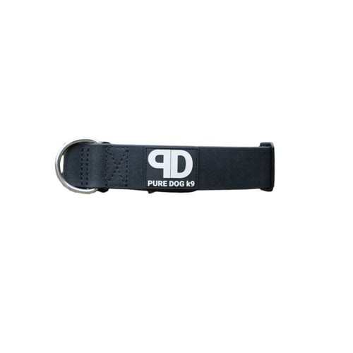 Dark navy dog collar with quick-release buckle and metal D-ring, stitched webbing