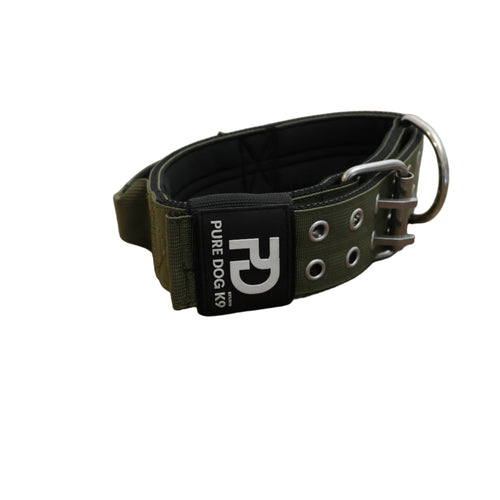 Khaki sport dog collar with metal D-ring, prong buckle, and black logo patch