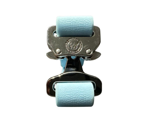 Pastel blue dog collar clasp with metal buckle and keeper strap