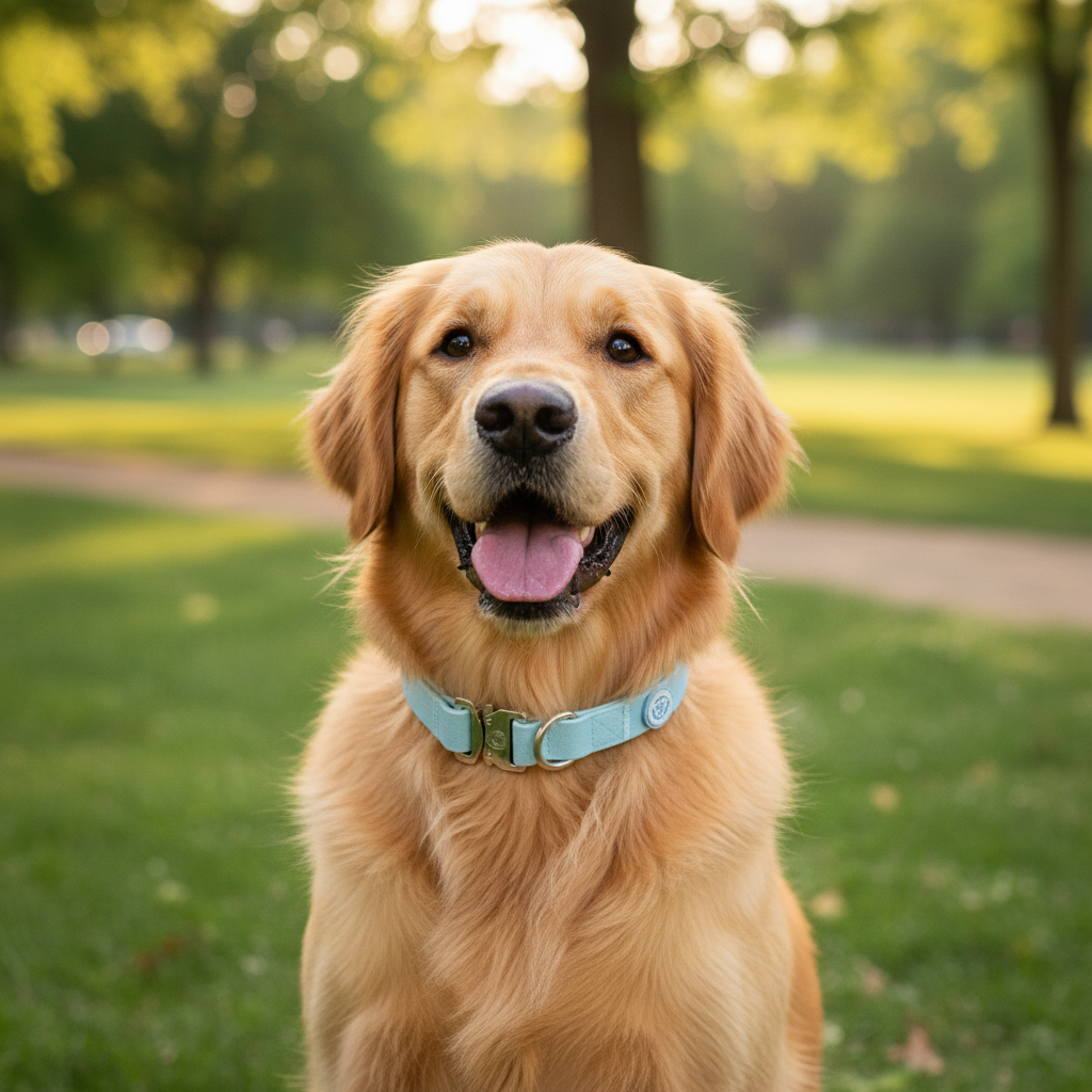 Golden retriever wearing a pastel blue PVC waterproof dog collar with emblem