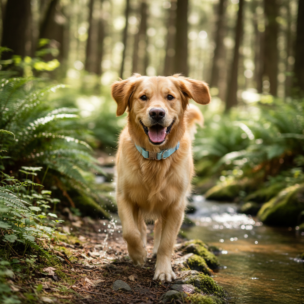 Pastel blue dog collar on a golden retriever with metal D-ring