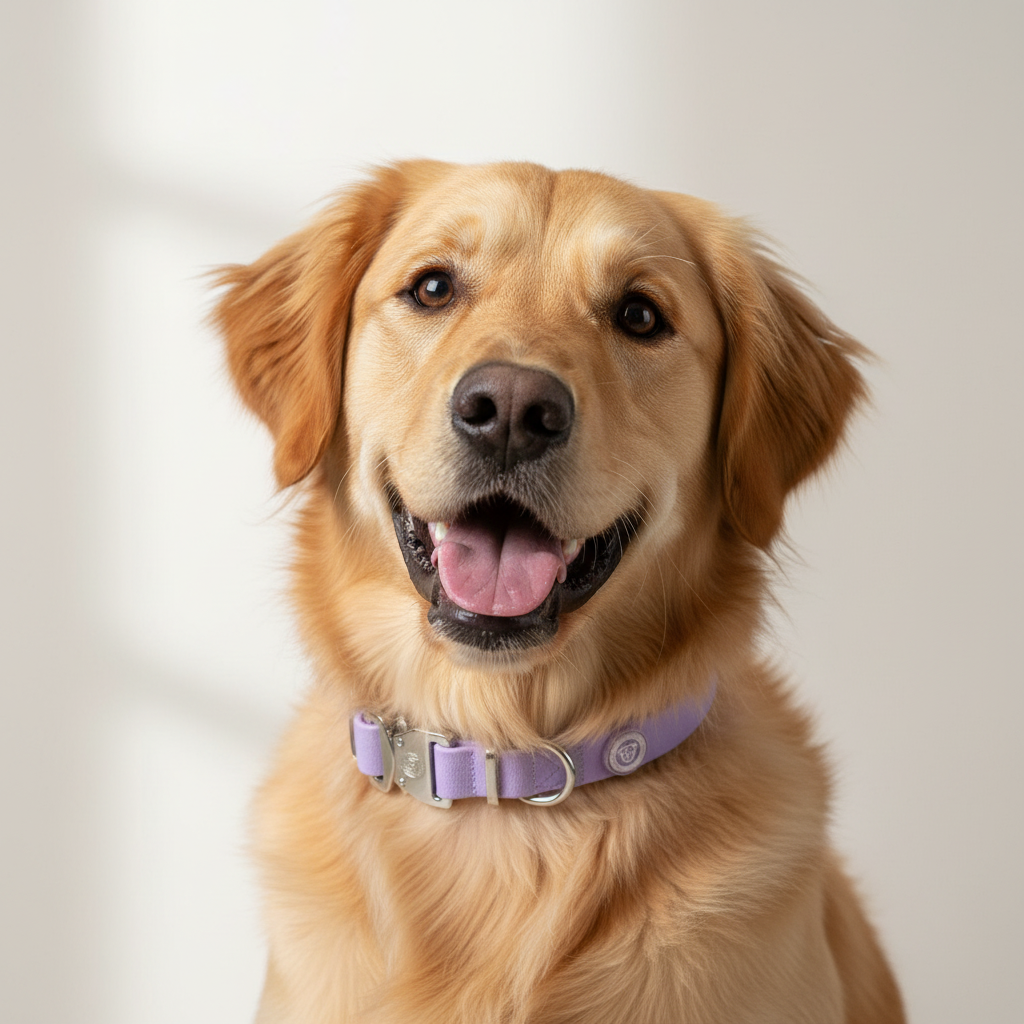 Golden retriever wearing a pastel purple waterproof PVC dog collar with metal buckle