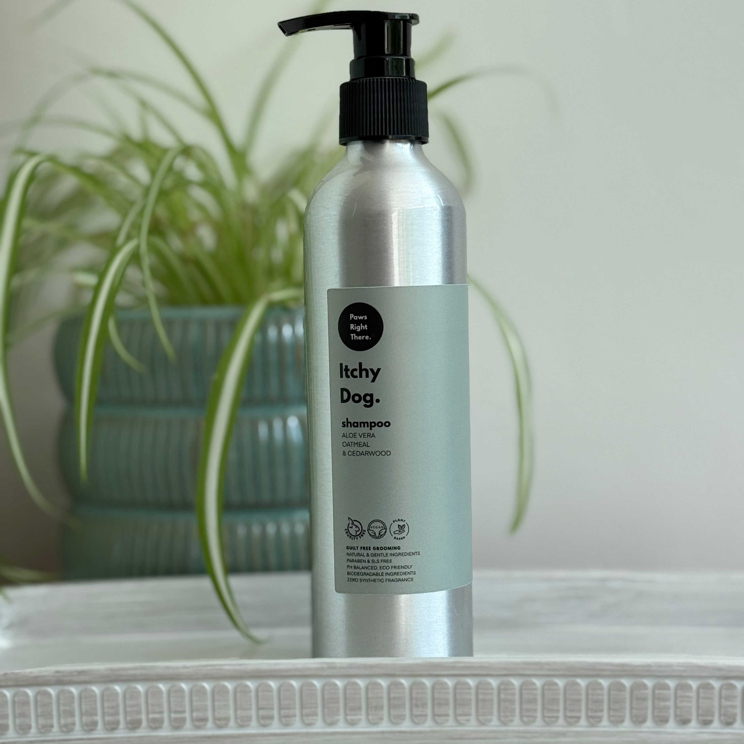 Dog oatmeal & aloe vera shampoo bottle with black pump, silver body, front label