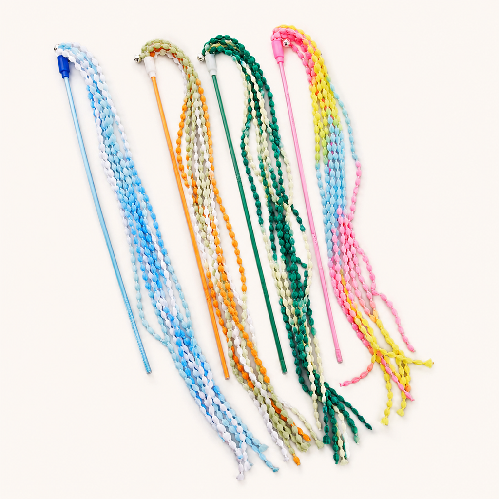 Cat stick toy set with braided ribbon wands in blue, orange, green, pink, yellow