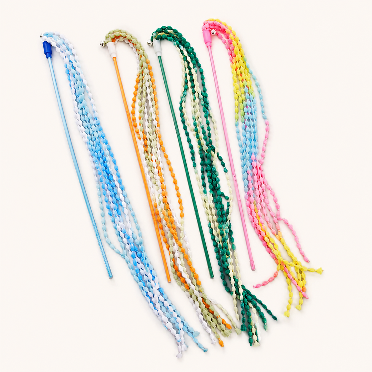 Cat stick toy set with braided ribbon wands in blue, orange, green, pink, yellow