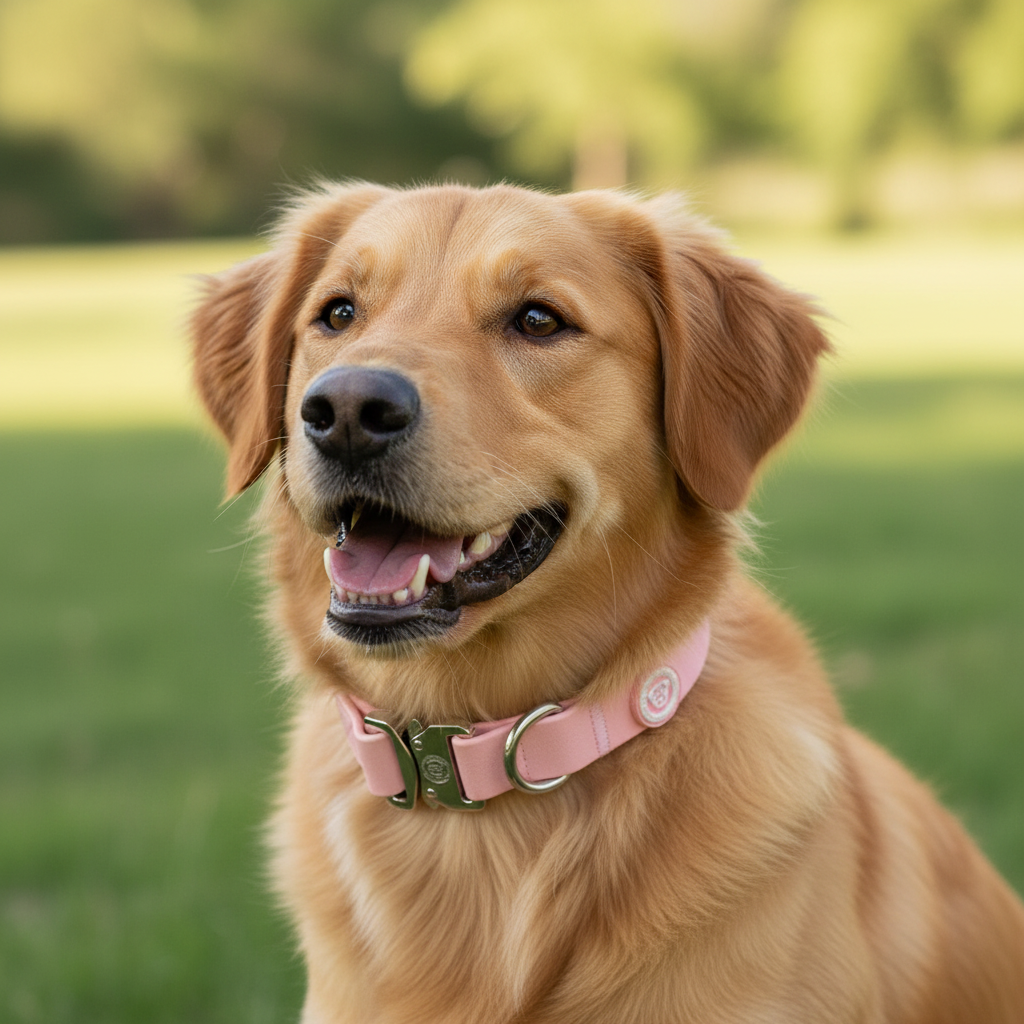 Pastel pink dog collar worn by a golden retriever with round logo badge