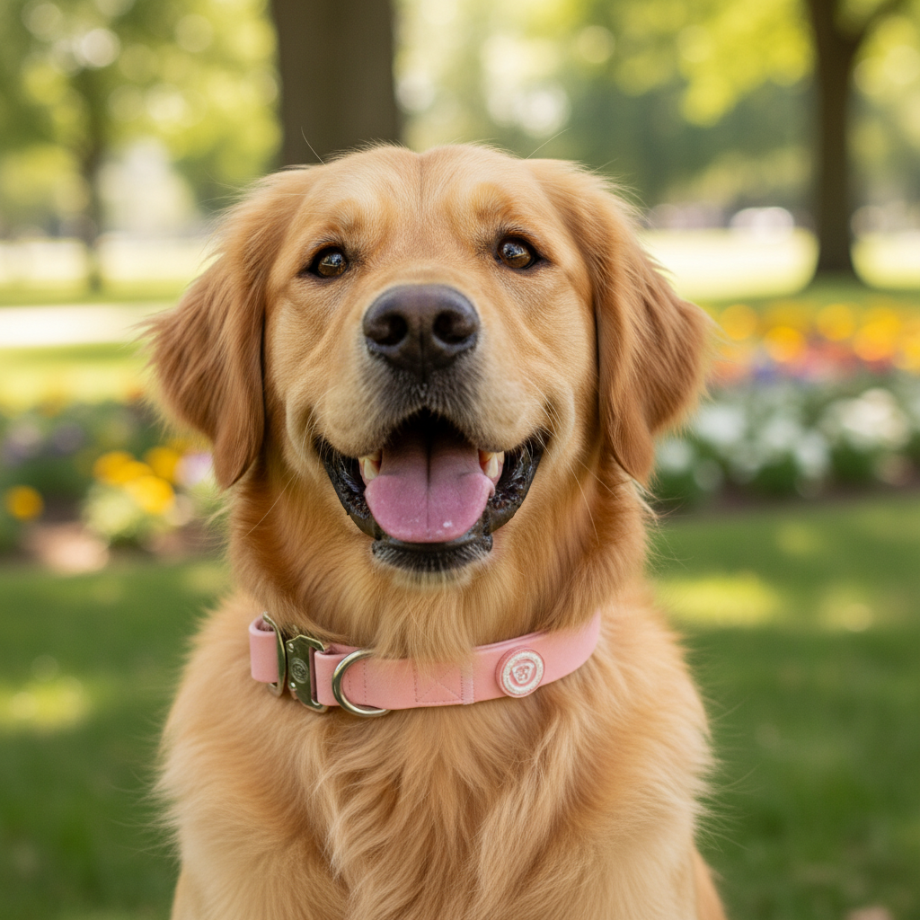 Golden retriever puppy wearing a pastel pink waterproof dog collar with metal buckle