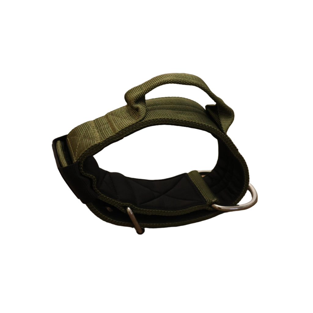 Sport dog collar with khaki fabric loop, black lining, and metal buckle ring