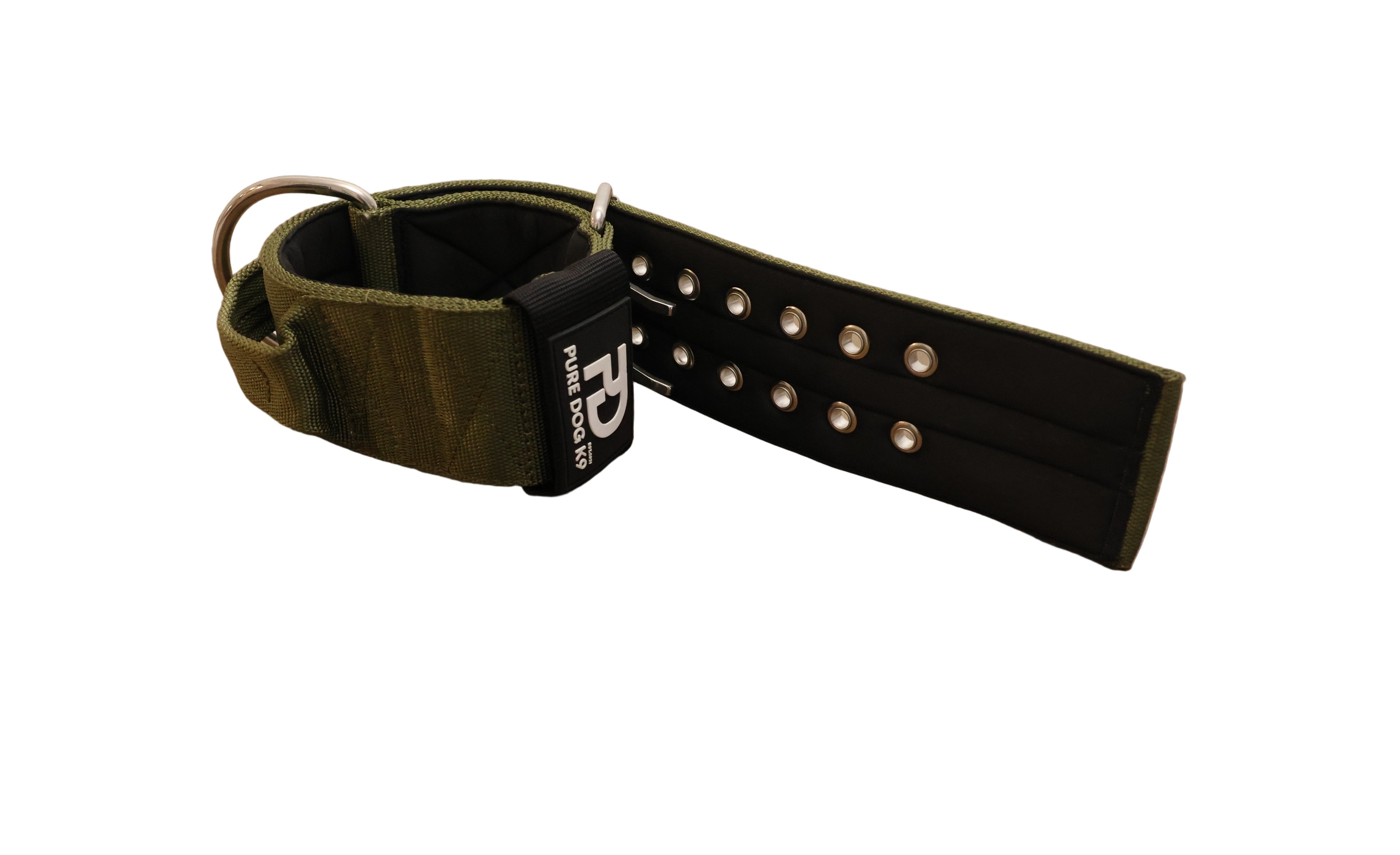 Sport dog collar with khaki strap, black panel, and silver grommet studs
