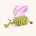Green plush mosquito toy with white face, holographic wings, and brown dangling charm