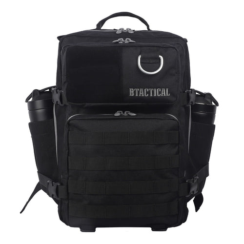 Black tactical backpack with front organizer panels, laptop pocket, and top carry handle
