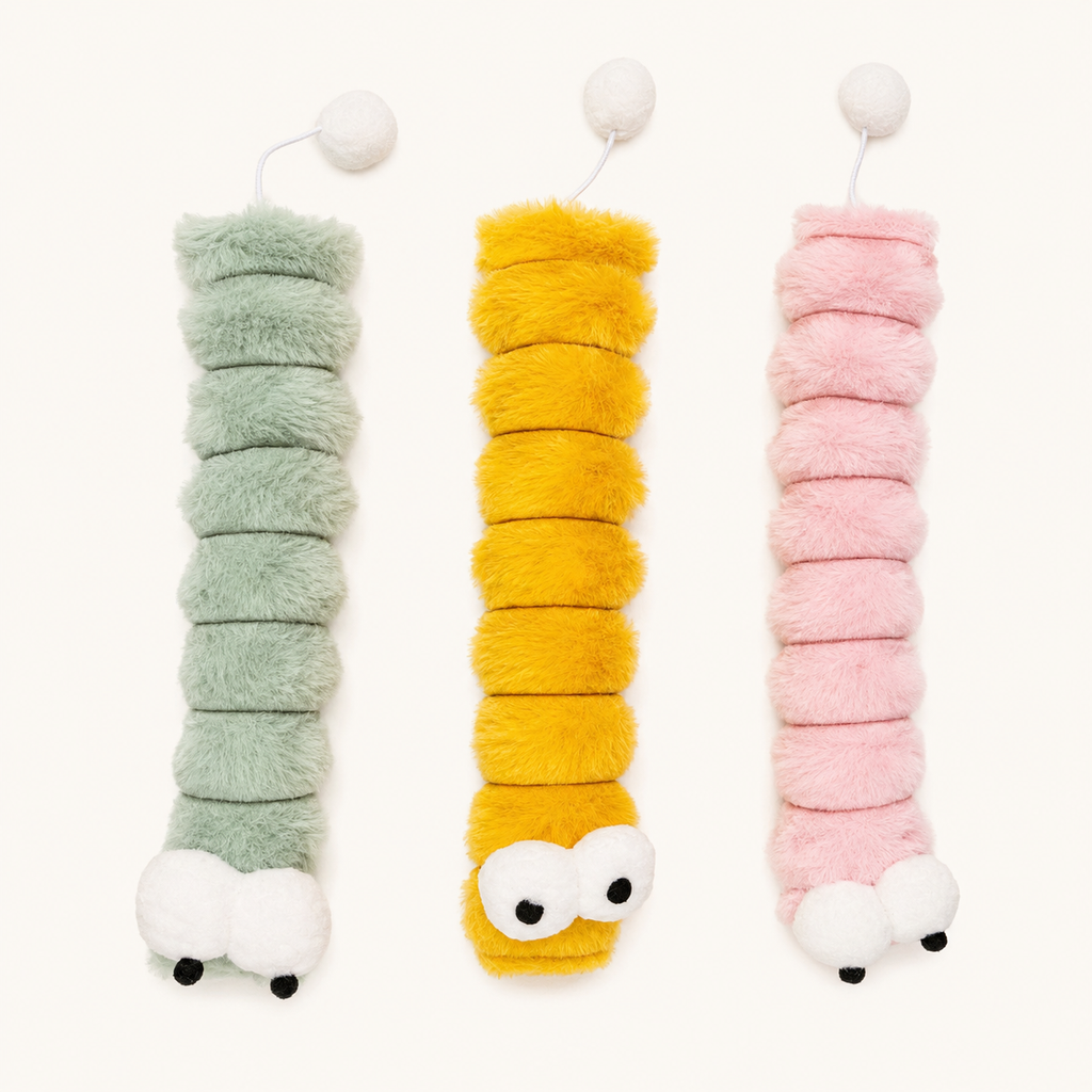 Plush caterpillar catnip kicker toy, hanging mint green, yellow, and pink segmented versions