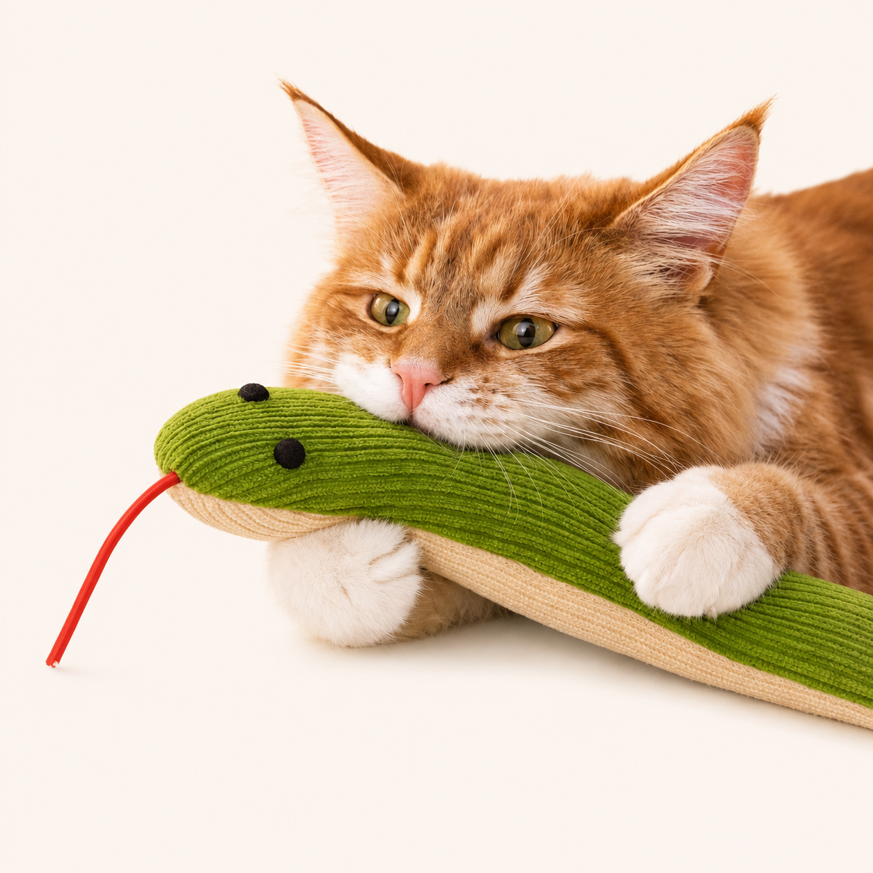 Interactive cat toy snake, green plush body with red dangling string and black eyes