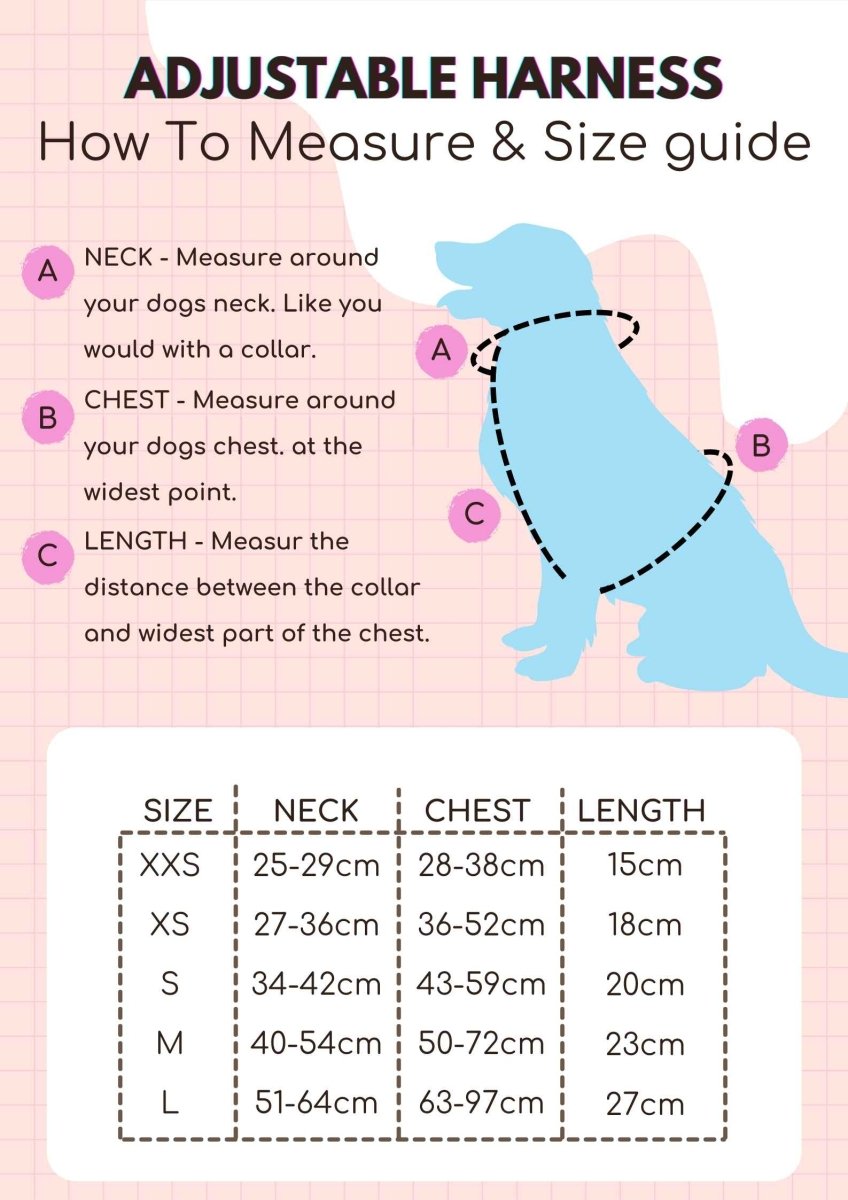 Adjustable harness size guide chart with neck, chest, and length measurements