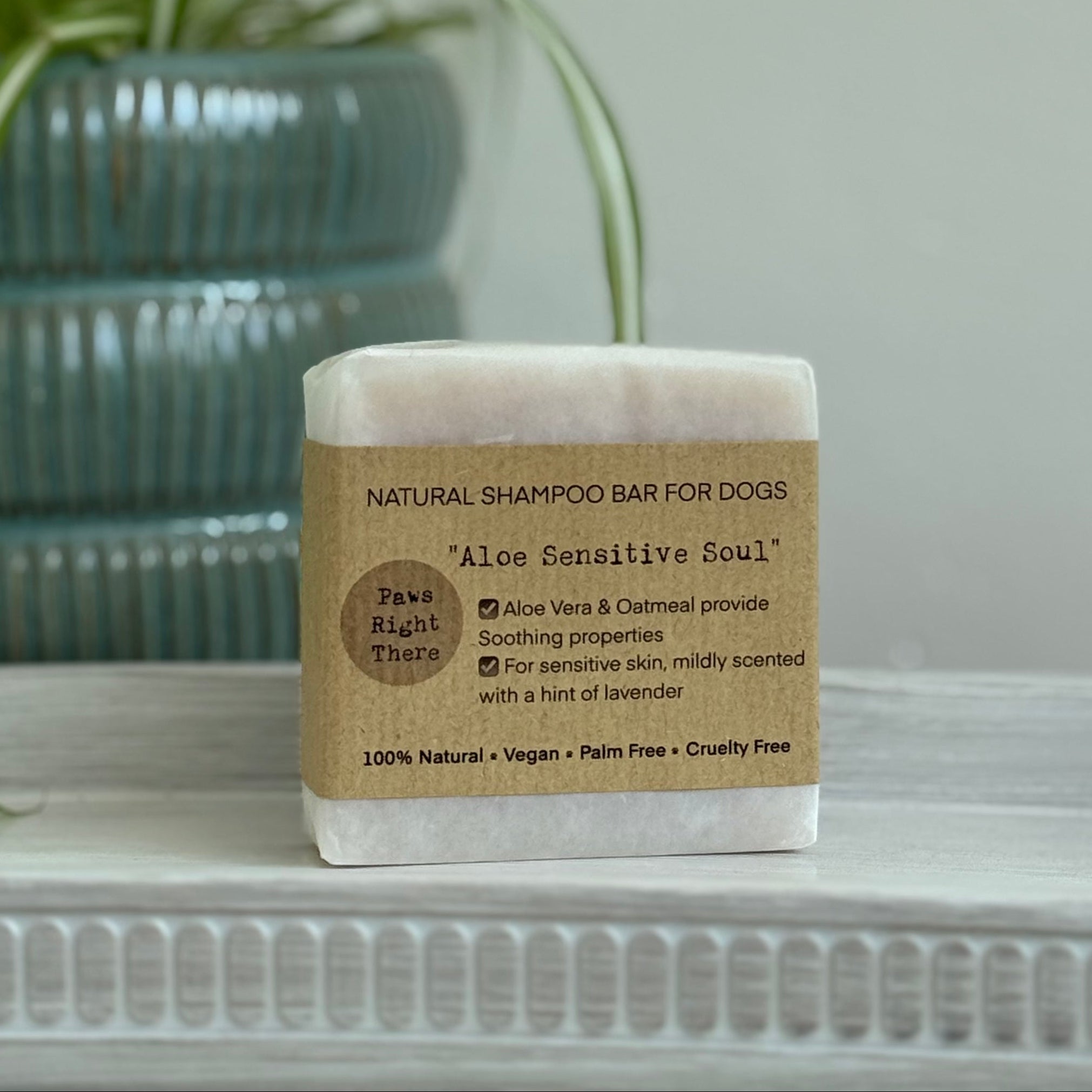 Dog natural shampoo bar, white with label: Aloe Sensitive Soul, vegan palm-free
