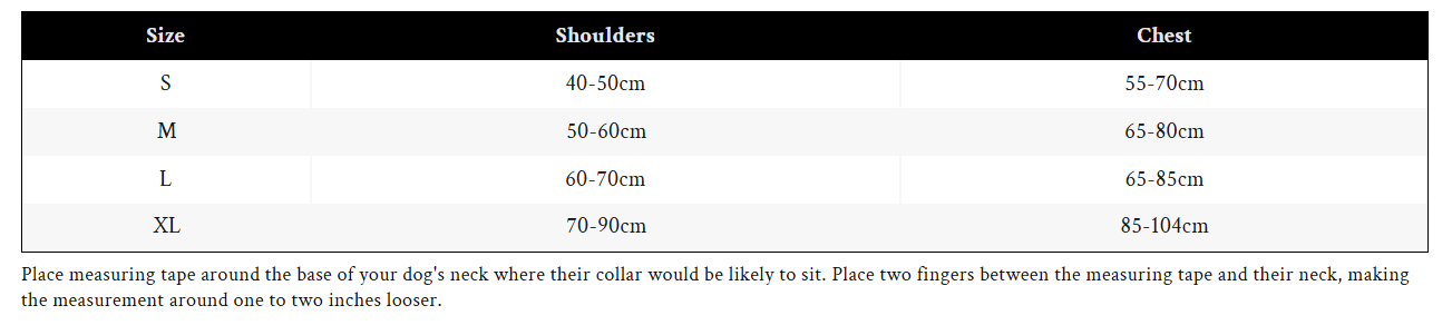 Dog harness size chart with shoulders and chest measurements for S to XL