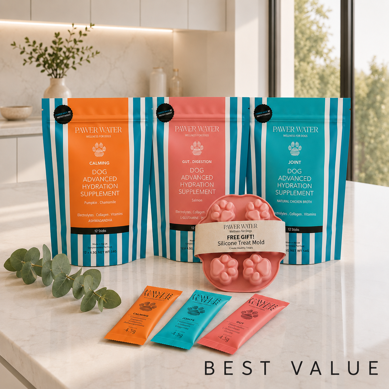 Dog supplement bundle with three striped pouches, sample sticks, and pink paw-shaped mold