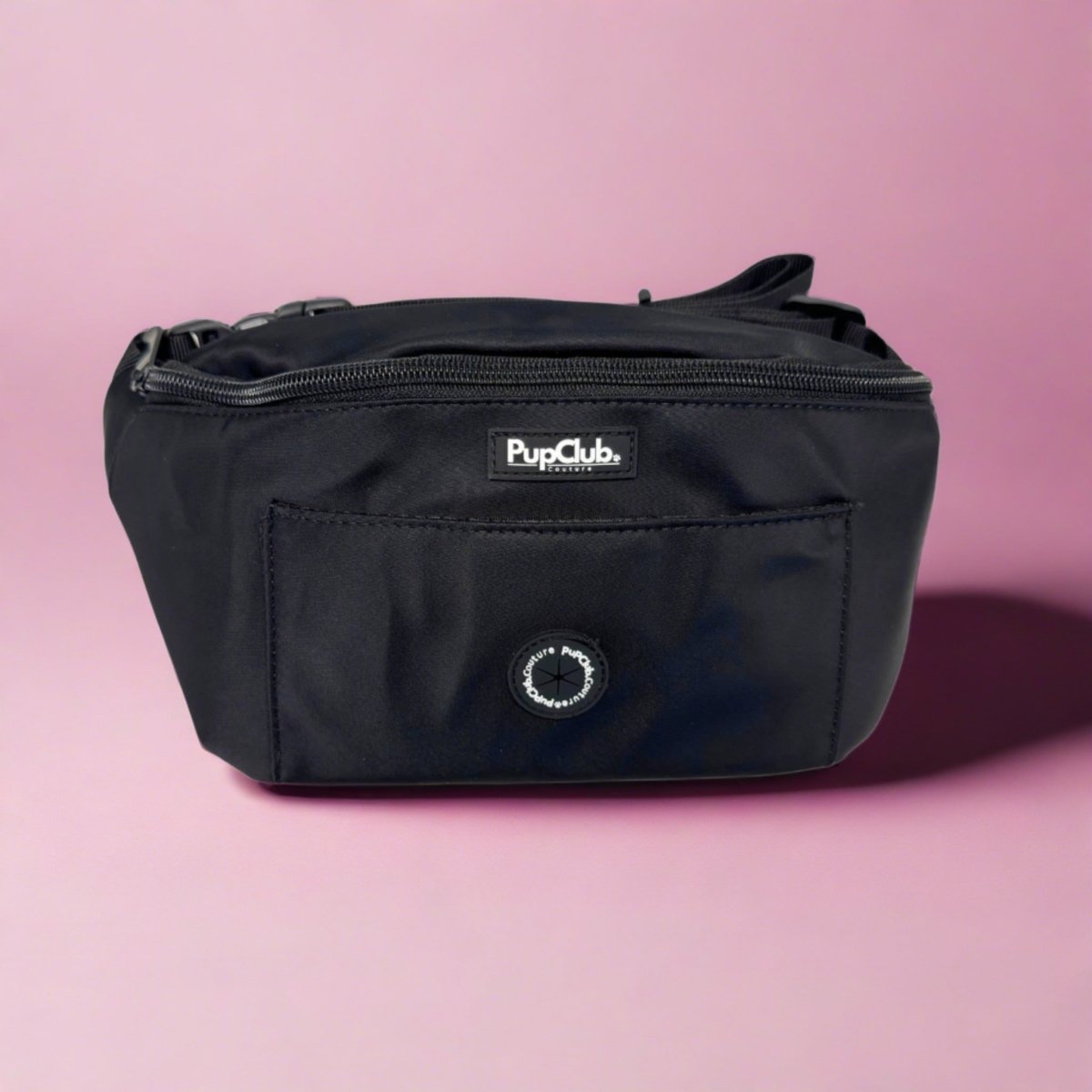 Black dog walking bum bag with front zip and PooClub logo patch
