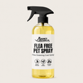 Flea-free pet spray bottle with black trigger, yellow liquid, herbal coat spray label