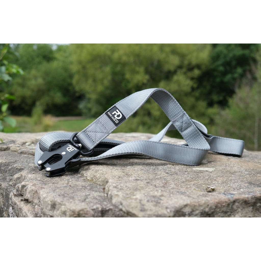 Grey dog lead with padded handle and quick-release clasp, adjustable strap